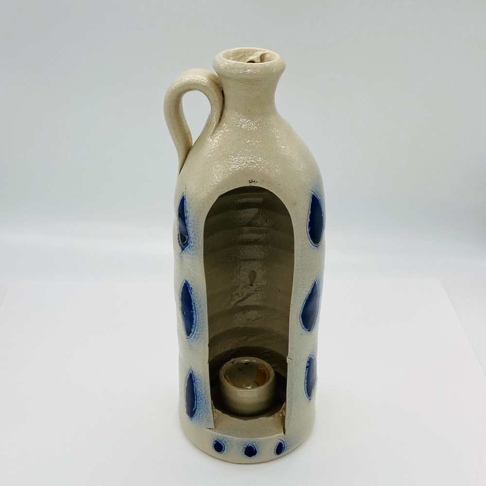Vintage Art Pottery Glazed Open Taper Candle Holder Cobalt Blue Leaves